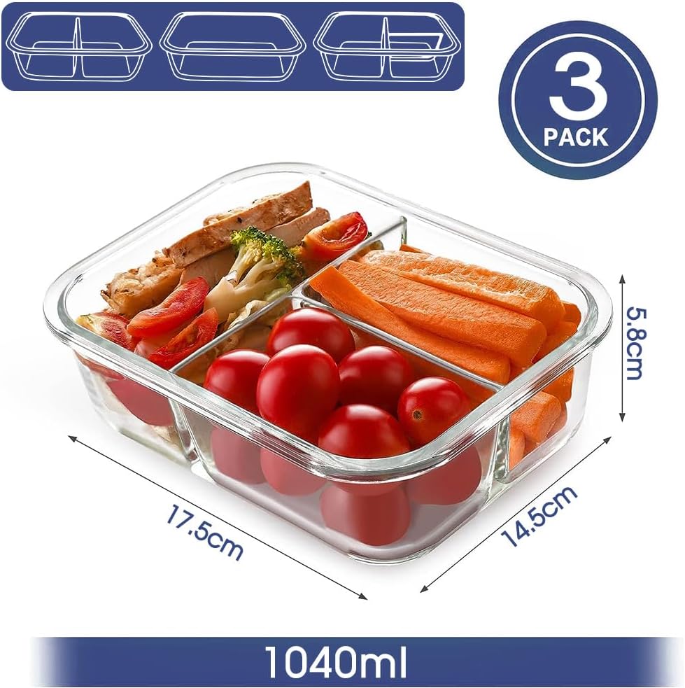 6/8 Pcs Glass Food Storage Containers with Lids, 1 & 2 & 3 Compartment Glass Airtight Meal Prep Containers (3 Containers & 3 Lids), Oven & Freezer Safe, Leak Proof - Grey
