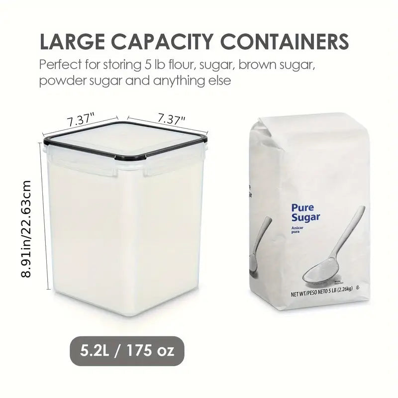 4 Pack Large Food Storage Containers 5.2L / 175oz, BPA Free Plastic Airtight Canisters for Flour, Sugar, Baking Supplies, Rice with Lids,Come with free Labels And Marker