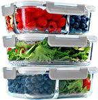 6/8 Pcs Glass Food Storage Containers with Lids, 1 & 2 & 3 Compartment Glass Airtight Meal Prep Containers (3 Containers & 3 Lids), Oven & Freezer Safe, Leak Proof - Grey