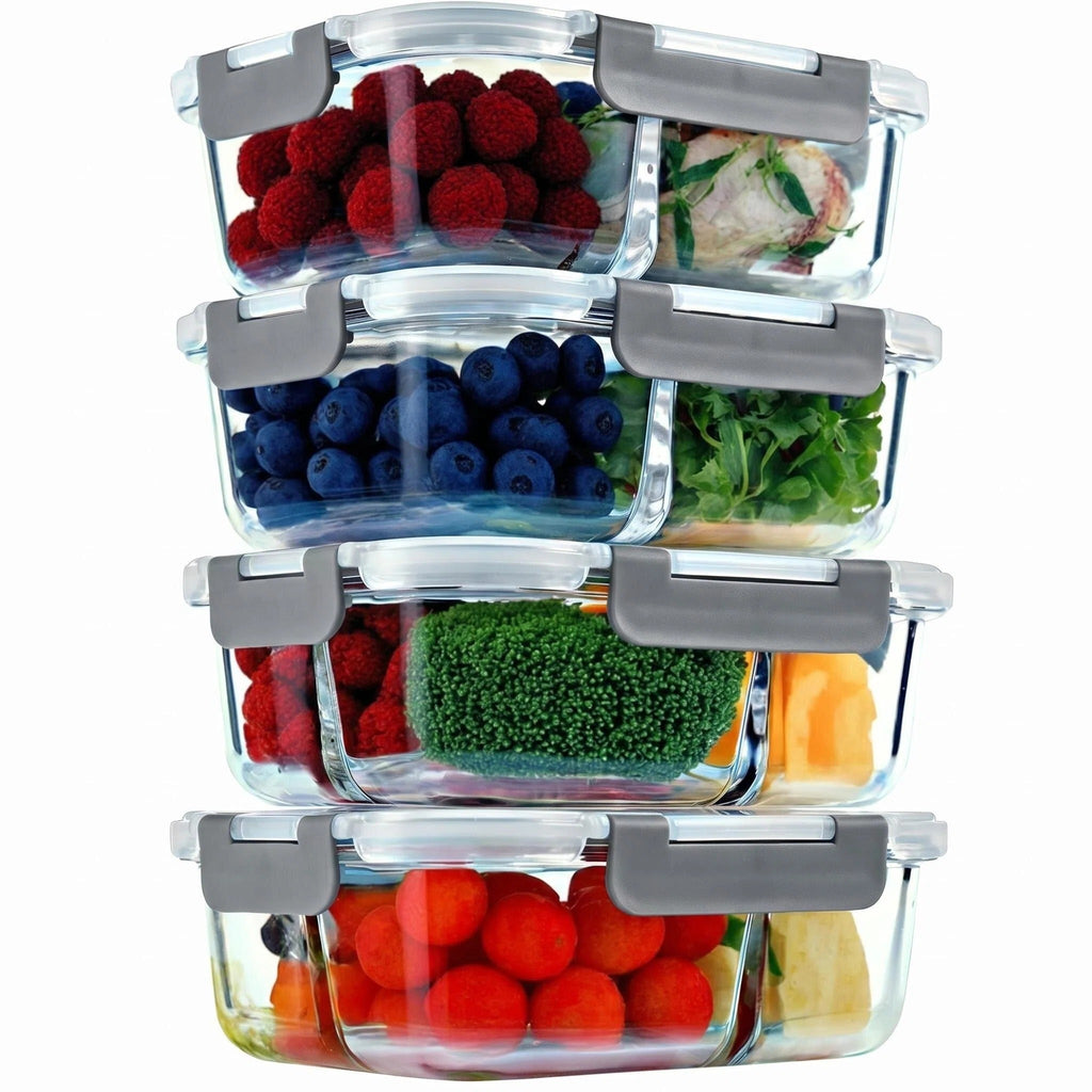 6/8 Pcs Glass Food Storage Containers with Lids, 1 & 2 & 3 Compartment Glass Airtight Meal Prep Containers (3 Containers & 3 Lids), Oven & Freezer Safe, Leak Proof - Grey
