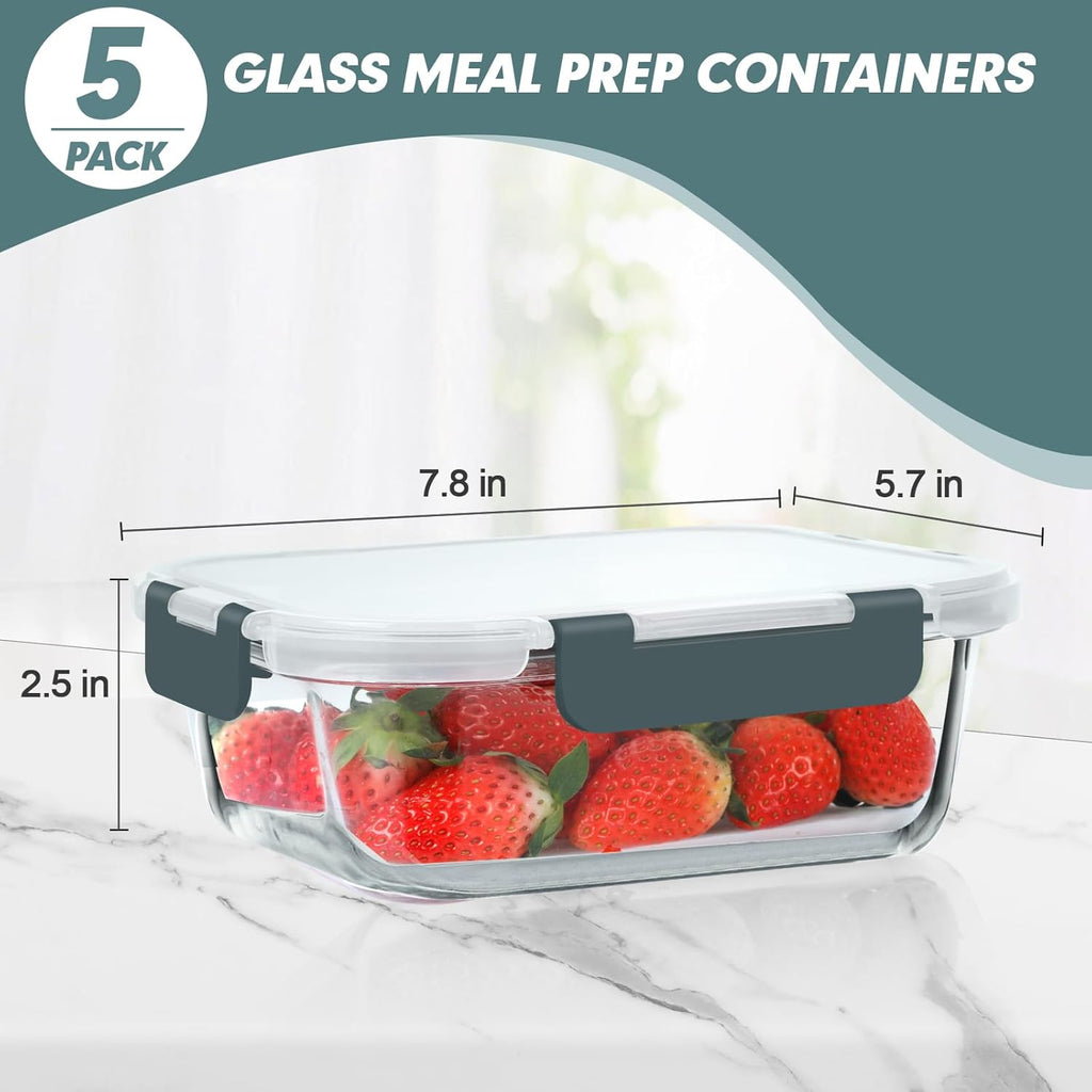 5 Pack 30 oz Glass Meal Prep Containers, Glass Storage Containers with Lids - Dishwasher, Microwave, Oven and Freezer Safe for Kitchen Organization & Food Storage come with free labels&marker pen