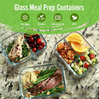 6/8 Pcs Glass Food Storage Containers with Lids, 1 & 2 & 3 Compartment Glass Airtight Meal Prep Containers (3 Containers & 3 Lids), Oven & Freezer Safe, Leak Proof - Grey